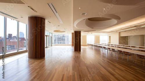 midcentury. Minimalist lounge with warm wood floors and neutral walls, bathed in natural light through expansive windows. real-estate listings.
