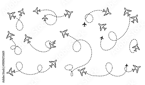 Airplane dotted route path vector set with curved twisted and straight flight lines