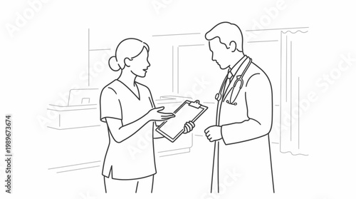 Medical professionals discussing patient charts in a healthcare setting.