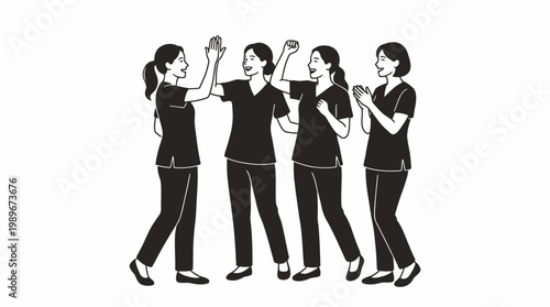 Four female medical professionals in scrubs celebrating success with high fives and cheers.