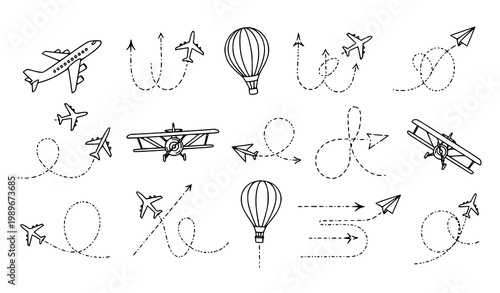 Hand drawn airplane flight path doodle vector set with dotted travel route symbols