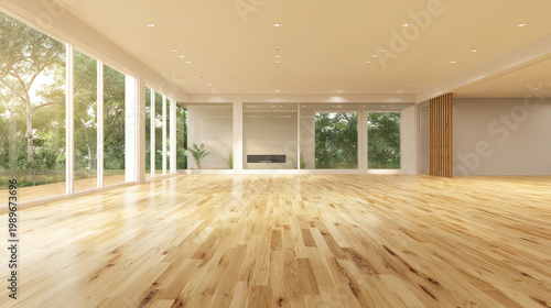 midcentury. Minimalist lounge with warm wood floors and neutral walls, bathed in natural light through expansive windows. real-estate listings.
