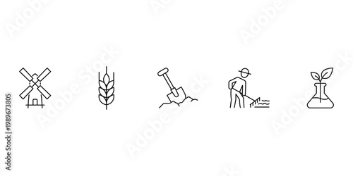 Agriculture and farming industry icon set featuring windmill, wheat ear, shovel, farmer working with rake, and biotechnology plant sprout.