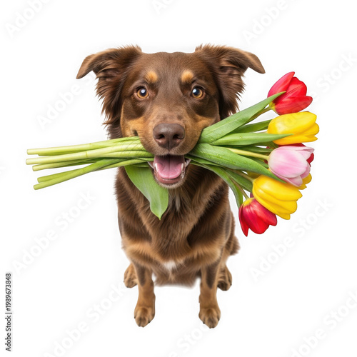 A cheerful dog holding a colorful bouquet of flowers