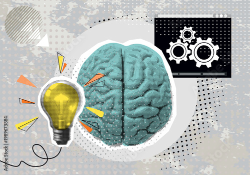 Modern art collage with brain theme full of inspiration and creative ideas.
