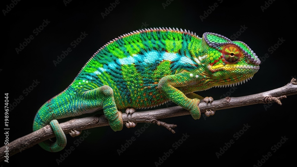 Fototapeta premium A vibrant green chameleon perched on a branch against a dark background