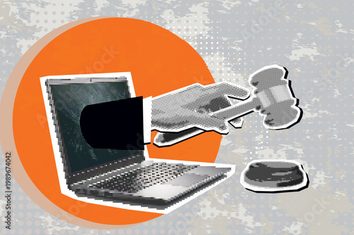 Trendy Halftone Collage of laptop with Hand strikes judge's gavel. Verdict. Modern photo collage style. Vector illustration