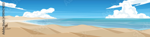 Horizontal or Landscape view of desert dunes with sandy beaches next to the sea. Solitary camel walks along the sand dune gazing out at the sea. Under blue sky and white clouds for banner background.