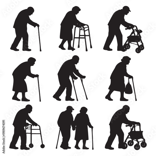 Elderly People Walking Aid Silhouettes – Senior Vector Collection
