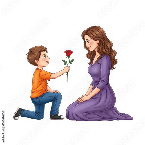 Boy presenting a rose to a woman in elegant attire