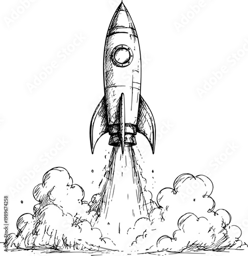 Hand Drawn Sketch of Rocket Taking Off Vector Illustration, Minimalist Space Launch Line Art, Vintage Style Ink Drawing Isolated on White Background