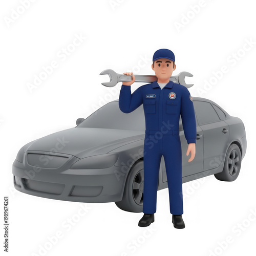Professional mechanic standing next to a sleek modern sports car with a wrench in hand