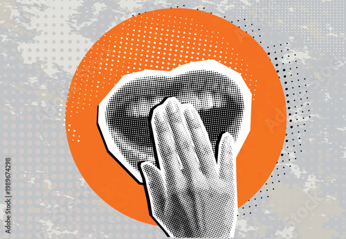 Trendy halftone collage a hand covers the mouth in surprise, fright, joy, or news. Trendy newspaper cut out paper elements. Vector illustration.

