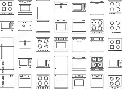 Top view kitchen appliances vector set. Thin line CAD icons of fridge, stove, cooktop, sink and built-in units for kitchen floor plans, renovation design and architectural drawings