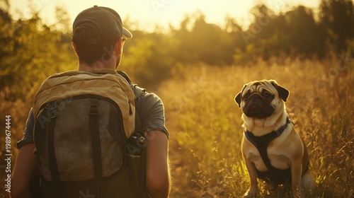 Man hiking with a pug dog through a field in the sunlight