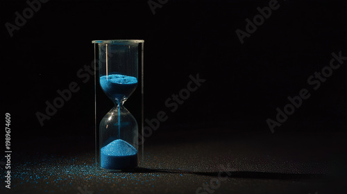 patience. A glass hourglass with blue sand on a dark background, symbolizing the passage of time. wellbeing guides, coaching materials, designed for coaching and self-improvement content.
