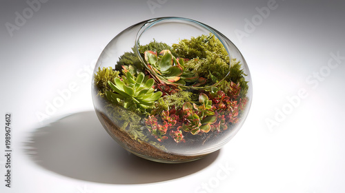 terrarium. A lush globe terrarium with vibrant greenery, showcasing nature in a contained ecosystem. travel magazines, destination branding, designed for outdoor magazines and nature guides.
