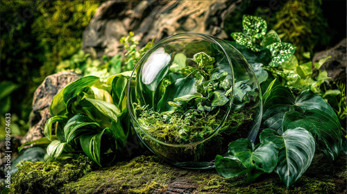 terrarium. A lush globe terrarium with vibrant greenery, showcasing nature in a contained ecosystem. travel magazines, destination branding, designed for outdoor magazines and nature guides.
