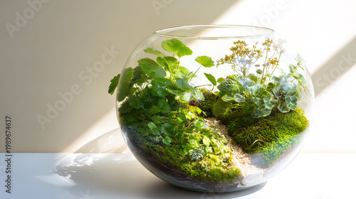 terrarium. A lush globe terrarium with vibrant greenery, showcasing nature in a contained ecosystem. travel magazines, destination branding, designed for outdoor magazines and nature guides.
