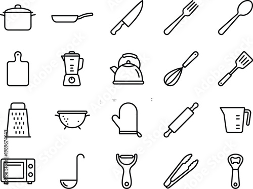 Minimal kitchen tools line icon set vector. Black outline cookware and utensils including pot, pan, knife, spoon, whisk and appliances for cooking, recipe graphics and food design