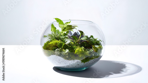 terrarium. A lush globe terrarium with vibrant greenery, showcasing nature in a contained ecosystem. travel magazines, destination branding, designed for outdoor magazines and nature guides.
