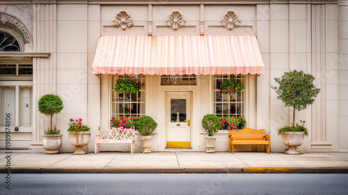streetscape. Pastel-colored boutique exterior with striped awning under soft afternoon urban light. real-estate listings.
