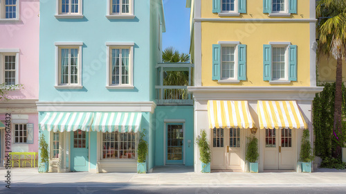 streetscape. Pastel-colored boutique exterior with striped awning under soft afternoon urban light. real-estate listings.
