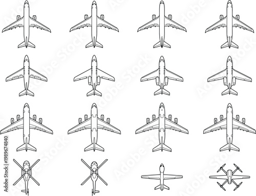 Aircraft top view outline vector icon set. Thin line airplane, jet, cargo plane and helicopter symbols for aviation maps, travel graphics, airport signage in CAD Style
