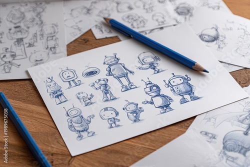 Sketches of cute, cartoon-style robots are on a wooden surface with blue colored pencils
