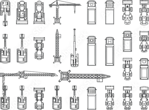 Material handling equipment vector icon set in 2D CAD plan view. Forklifts, lift trucks, cranes and warehouse machinery in technical line drawing style for logistics, industrial layouts, engineering