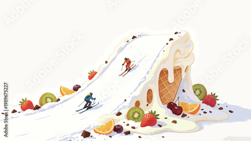 Surreal Creative Illustration of Two Skiers Sliding Down a Giant Melting Ice Cream Ski Slope, Framed by Fresh Fruits and Chocolate Chunks on a Plain White Background