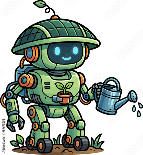 Green robot gardener watering a seedling with a watering can, solar panel hat, digital agriculture concept