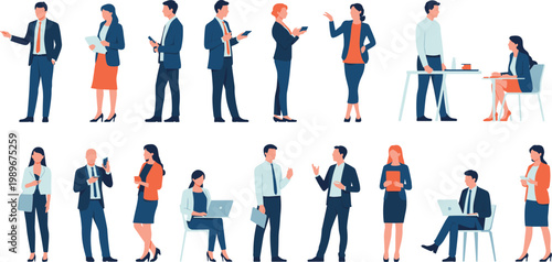 Business people characters collection in office situations including meetings, communication, teamwork, laptops, smartphones, corporate lifestyle, professional interactions illustration set
