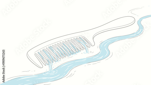 Surreal Minimalist Watercolor Illusion Art Piece Depicting a Flowing River Merging With the Teeth of a Wooden Comb, Playing on Visual Perspective and Imaginative Shape Association
