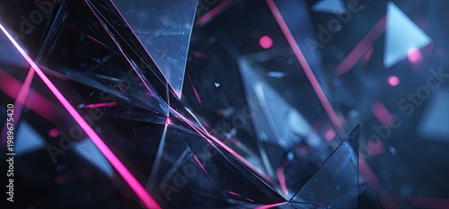 Abstract arrangement of blue and pink geometric shapes with sharp edges and lighting effects