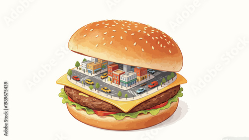 Surreal Creative Illustration of a Giant Hamburger Encasing a Miniature Urban City Street Between Its Buns, Blending Food and Cityscape Concept Art