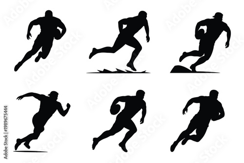 Dynamic black silhouettes of six athletes in motion running and sprinting with energy and determination isolated on a clean white background