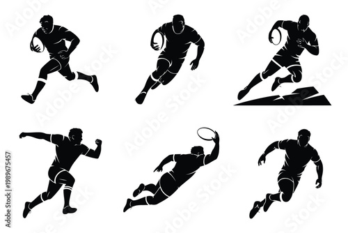 Dynamic silhouettes of athletes running and diving showcasing intense motion and energy in minimalist black and white vector style