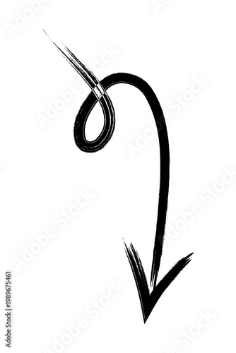 Hand-drawn black ink loop arrow pointing down. Grunge brushstroke spiral doodle, curved sketch-style directional arrow symbol, isolated vector-style design for UI, icons, branding and graphic elements