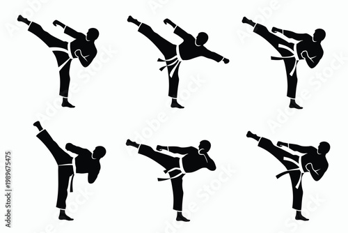 Dynamic silhouettes of martial artists performing high kicks in mid air showcasing strength and agility in a minimalist black and white vector design