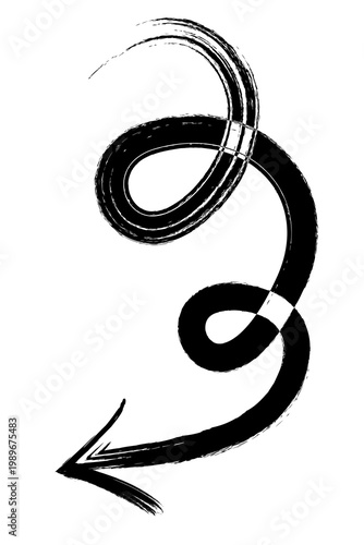 Hand drawn black ink swirl arrow in grunge brushstroke style, spiral loop curve symbol. Abstract calligraphy arrow PNG for design, UI, posters, branding, creative layouts. High resolution graphic icon