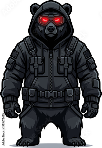 Pixel art black bear in tactical gear with glowing red goggles, ready for action, game character illustration