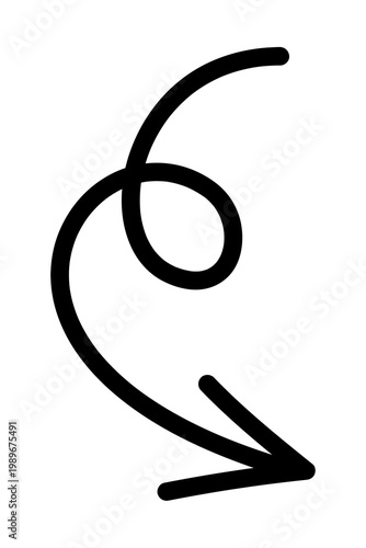 Hand drawn chunky loop arrow PNG. Curved swirl arrow pointing down, smooth brush stroke directional symbol for navigation, UI, diagrams, social media, branding and creative design layouts. High-res 