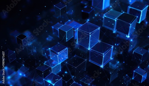 Abstract network of blue cubes interconnected with wireframe lines and bokeh blur effects