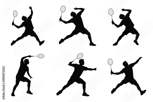 Dynamic silhouettes of athletes playing badminton in mid action showcasing energetic poses with rackets and shuttlecocks against a clean white background