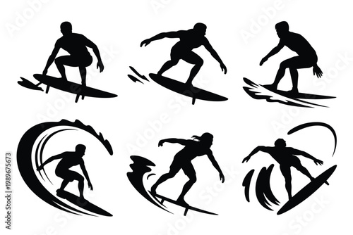 Silhouettes of surfers in dynamic poses riding waves black and white vector art style with fluid motion and splashes