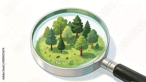 A Creative Illustrated Concept: A Magnifying Glass Framing a Lush Miniature Temperate Forest, Revealing Tiny Ants on Grassy Ground With Wildflowers