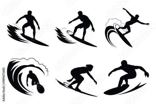 Silhouettes of surfers riding waves in dynamic poses capturing the motion and excitement of surfing against a clean white background perfect for sports and adventure themes