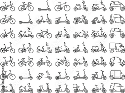 Repeating seamless CAD plan view pattern of micromobility city transport symbols, top view bicycles, scooters, electric scooters, mopeds, and cars in technical vector outline for urban planning design