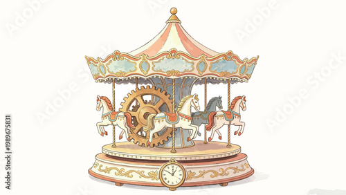 Watercolor Illustration of a Vintage Decorative Carousel Music Box with Exposed Brass Gear and Embedded Clock, Featuring Ornate Pastel Trim and Galloping Hobby Horses on Plain White Background